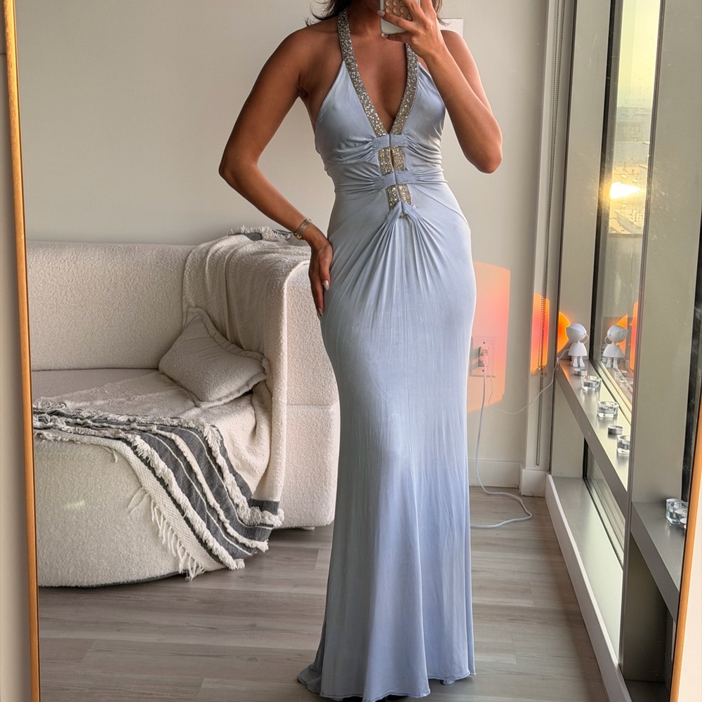 Roberto Cavalli Pale Blue Halter Backless Evening Gown with Embellished Trim